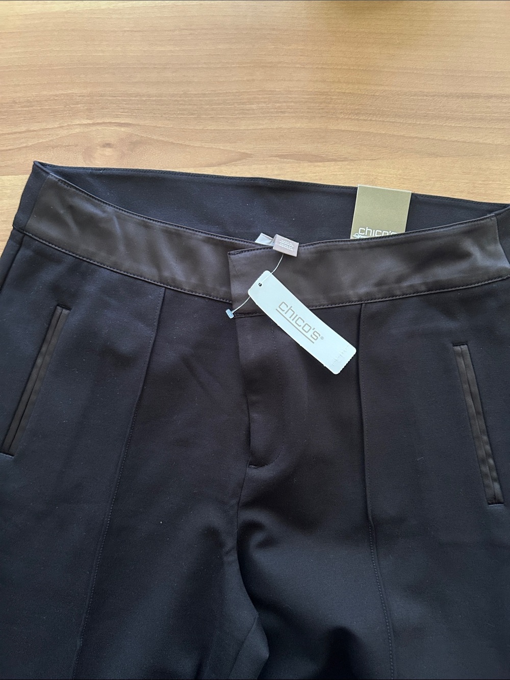 Chico's Black Ponte Pull-On Trousers with Faux Leather Waistband